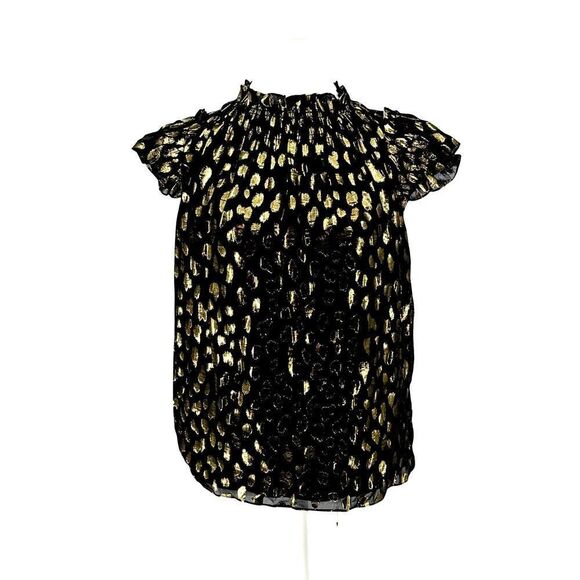 Rebecca Taylor Black Gold Metallic Spotted Silk Off Shoulder Ruffle Top Size S - Picture 1 of 11